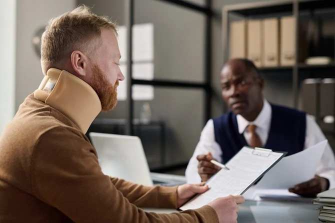 Man in a neck brace meeting with an attorney