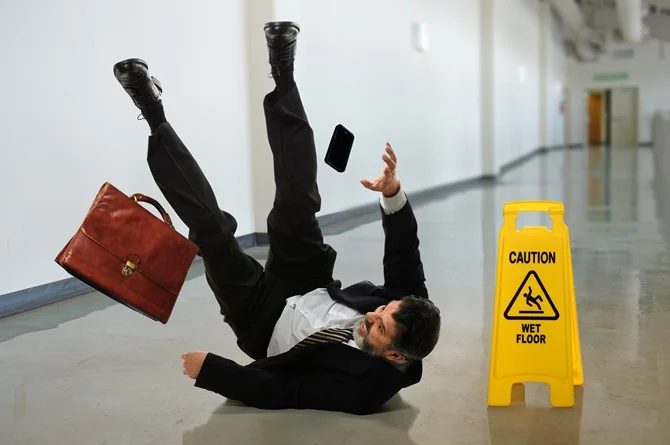 Man slipping on a wet floor beside a caution sign
