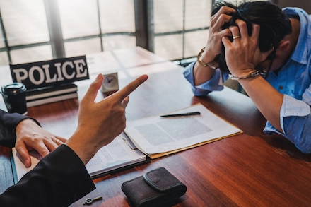 Distressed man being questioned at a police desk