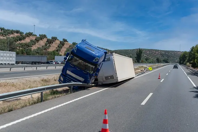 Crashed truck on a highway