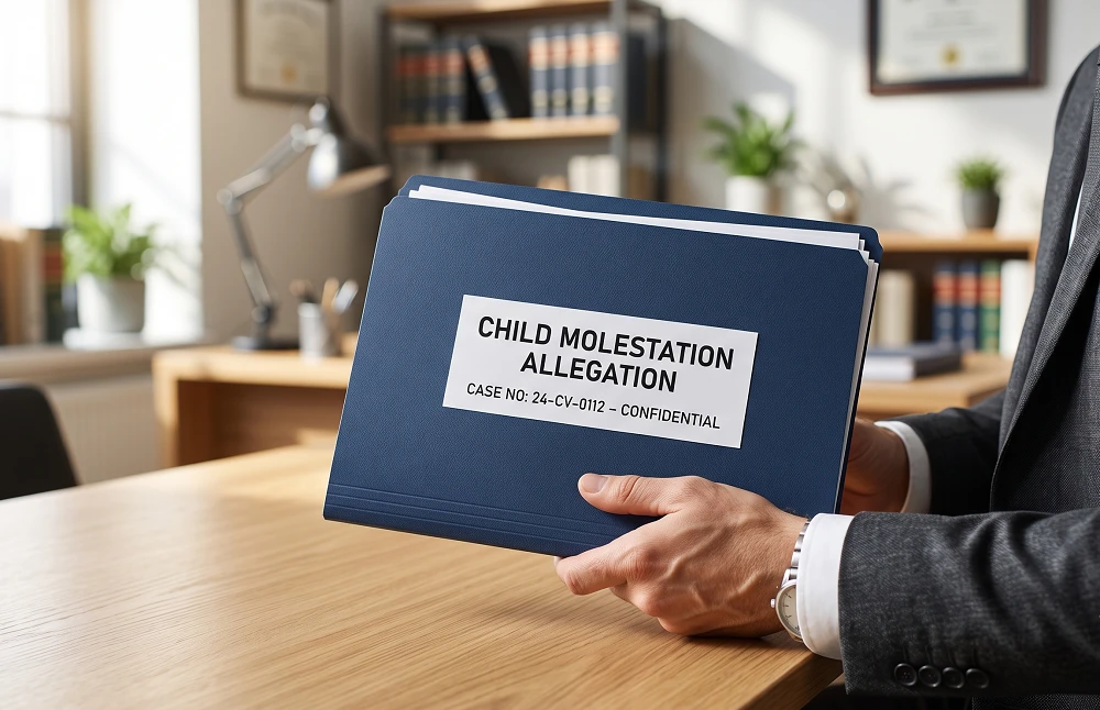 Attorney holding a child molestation allegation case file
