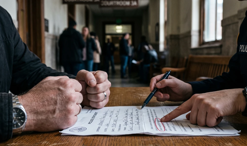 Attorney and client going over a document at a courthouse table