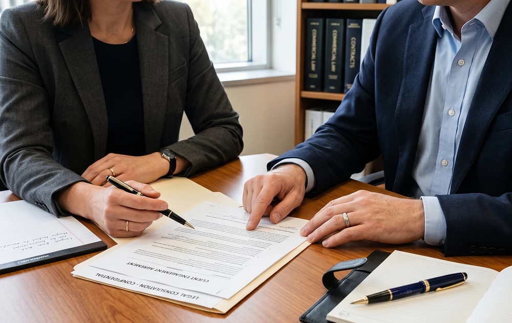 Attorney and client reviewing documents at a desk